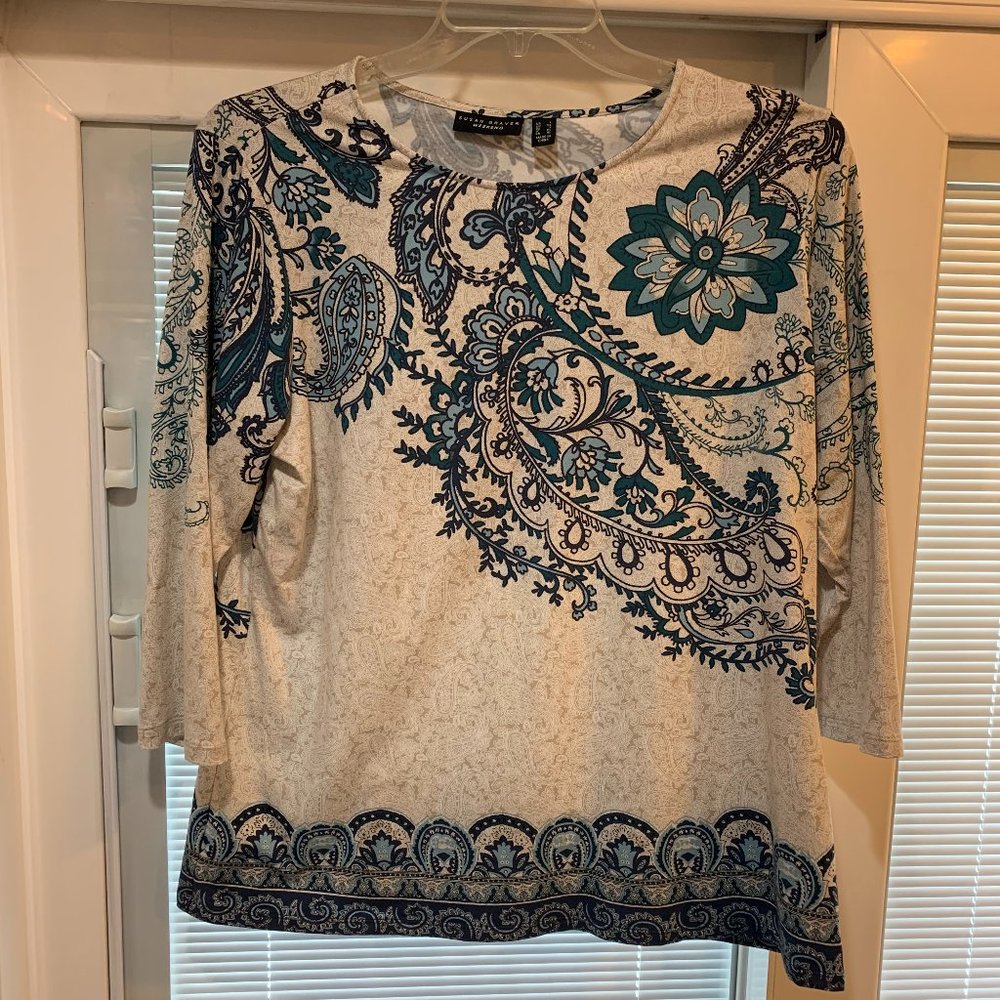 NWOT Susan Graver Weekend Oatmeal/Blue Size Large 3/4 Length Sleeve Cotton Blend